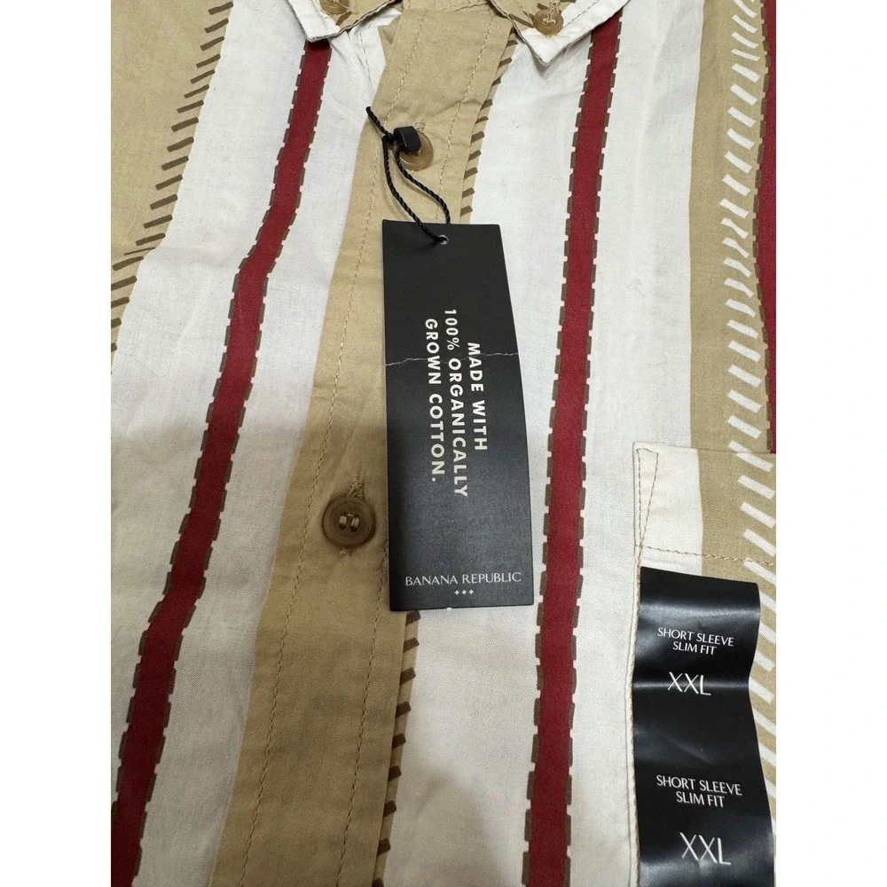 Banana Republic Mens XXL Slim Fit Organic Cotton Striped‎ Short Sleeve Shirt NEW